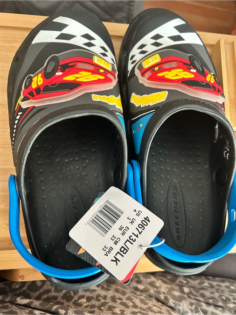 Skechers Kids Black Clog Sandals with Red Racing Car Graphic and Blue Strap